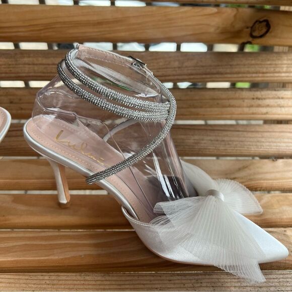 Lulus Lelanee White Satin Rhinestone Bow Ankle Strap Pumps - Picture 5 of 16